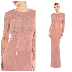NWT MAC DUGGAL 93626 Rose Embellished High Neck Illusion Long Sleeve Gown Womens